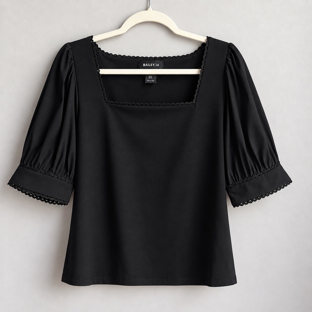 Bailey 44 Blouse Top Women's XL Black Puff Sleeve Square Neck Lace Dark Feminine
